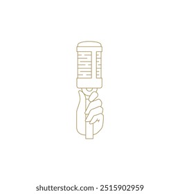 Human hand holding retro mic music singing golden line art icon vector illustration. Arm with microphone musical karaoke loud speaking luxury logo for podcast sound show radio public advertising