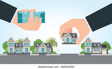 Human Hand Holding Right House And Money, Exchange Conceptual Property For Sale, Real Estate Conceptual Vector Illustration.