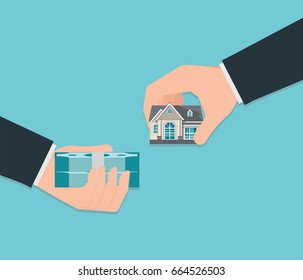 Human Hand Holding Right House And Money Isolated On Background, Exchange Conceptual Property For Sale, Real Estate Conceptual Vector Illustration.