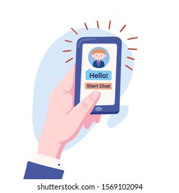Human hand holding ringing phone, smartphone in vertical position with businessman chatbot offering to start a chat, virtual assistant, customer support concept, flat style vector illustration