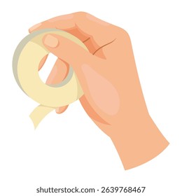 Human hand holding a roll of adhesive tape in a flat style on a white background, concept of office or packaging tools. Vector illustration