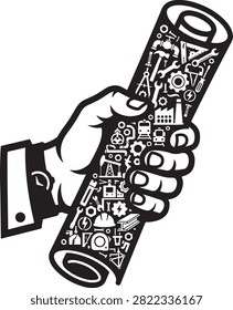 A human hand holding a rolled architectural blueprint filled with various construction tools, and industrial symbols, on white
