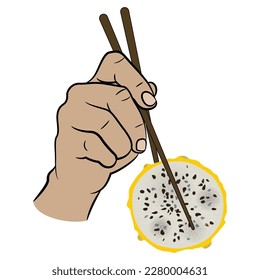 Human hand holding a round slice of Yellow Dragon Fruit with chopsticks. Pitaya or Pitahaya cactus. Selenicereus megalanthus. Exotic food design. Isolated vector illustration.