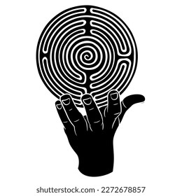 Human hand holding a round spiral maze or labyrinth symbol. Mystery and knowledge. Philosophical concept. Black and white silhouette.