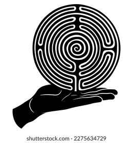 Human hand holding a round spiral maze or labyrinth symbol on open palm. Ariadne. Symbol of hidden knowledge and enigma. Black and white silhouette.