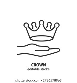 Human hand holding royal crown, line vector icon concept. Symbol of success, leadership, and power for business promotion and reward. Vector illustration.