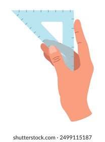 Menschliche Hand, die Lineal, Dreieck, Messen, Zeichnen hält. Schreibwaren. Isolierte lineare Doodle-Vektorgrafik