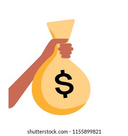 Human hand holding a sack of money with dollar sign on it. Vector illustration.