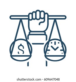 Human Hand Holding Scales Balance With Coin And Clock Vector Icon In Meaning Time Is Money