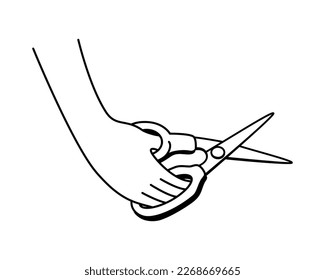 Human hand holding Scissors black and white outline hand drawn vector illustration