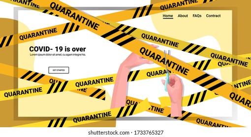 human hand holding scissors and cutting yellow tape coronavirus quarantine is over covid-19 virus pandemic ending concept horizontal vector illustration