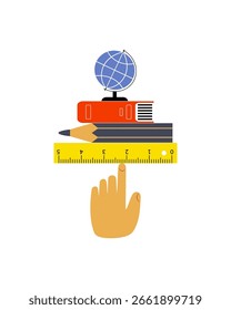 Human hand holding a set of school supplies. Back to school theme.