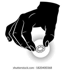 Human hand holding shining faceted diamond. Monochrome black and white silhouette. Creative concept.