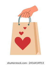 Human hand holding shopping bag with heart on it isolated on white background. Flat illustration.