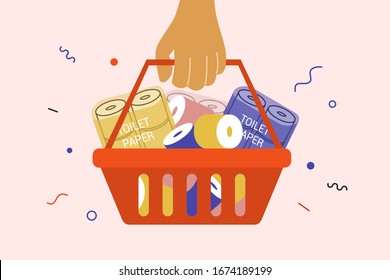 Human hand holding shopping basket full of toilet paper. Panic in supermarket due to coronavirus, quarantine. Vector illustration of man or woman makes purchase. People hurry up to buy paper in store