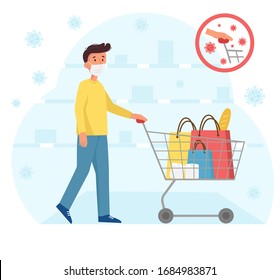 Human hand holding shopping cart. Man shopping during a pandemic coronavirus without gloves. Vector illustration
