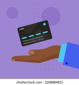 Human hand holding and showing credit card. Money in Hand isolated. Vector Illustration, Flat Design Style. Giving Money. Spending Money. Pay online. Pay with card. NFC payment