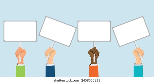 Human hand holding sign. Protest poster. Picket placard. Political, agitation, revolution conceptual style vector illustration.