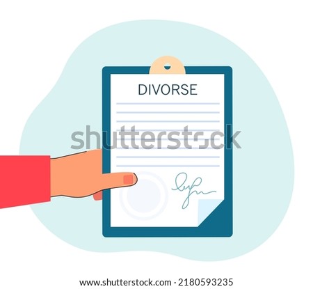 Human hand holding signed divorce document. Wife or husband signing divorce papers flat vector illustration. Divorce, marriage, law, conflict concept for banner, website design or landing web page