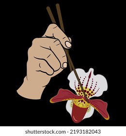 Human Hand Holding Single Blooming Head Of Orchid Flower With Chopsticks. Creative Floral Food Concept. Paphiopedilum. Venus Slipper. On Black Background.