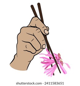 Human hand holding a single blooming flower of Loropetalum Chinense plant with chopsticks. Funny vegan food design. Chinese fringe flower or strap flower. Isolated vector illustration.