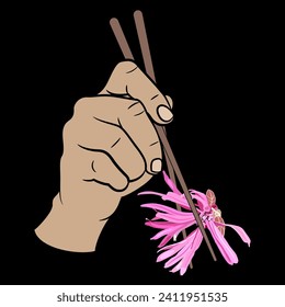 Human hand holding a single blooming flower of Loropetalum Chinense plant with chopsticks. Funny vegan food design. Chinese fringe flower or strap flower. On black background.