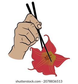 Human Hand Holding Single Flower Of Red Datura With Chopsticks. Brugmansia Sanguinea. Creative Concept. Isolated Vector Illustration.