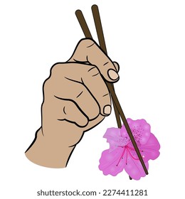 Human hand holding single flower of azalea or rhododendron with chopsticks. Funny vegan food design. Isolated vector illustration.