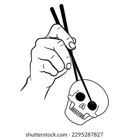 Human hand holding skull with chopsticks. Devour death. Creative concept. Black and white silhouette.