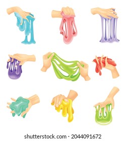 Human Hand Holding Slime as Viscous Colorful Toy Vector Set