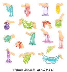 Human Hand Holding Slime as Viscous Colorful Toy Vector Set