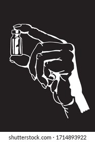 Human hand holding small bottle with virus serum isolated on black background,vector engraved illustration