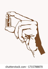 Hand, die eine kleine Flasche mit Virusserum, sepia Hintergrund, Vektorillustration Vintage-Illustration hält