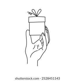 Human Hand Holding Small Gift Box Sketch. Gesture with Birthday Present. Surprise Proposal Giving Bonus Symbol. Package with tied knot. Outline vector illustration