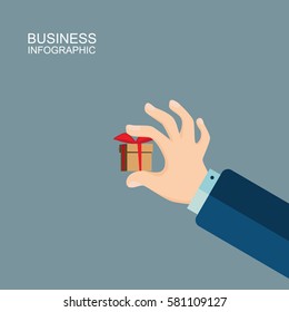 Human hand holding a small gift. Illustration in a flat design style. business finance concept for presentations, brochures, website, etc.