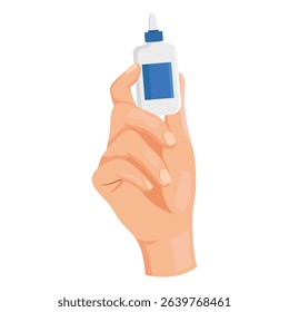Human hand holding a small glue bottle with blue label, flat graphic style on white background. Concept of tool, adhesive, crafting. Vector illustration