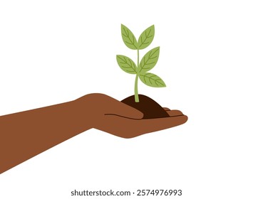 Human hand holding a small green seedling isolated on white. Vector hand drawn clipart. Concept of environment, spring, gardening, new life, business, save the planet.