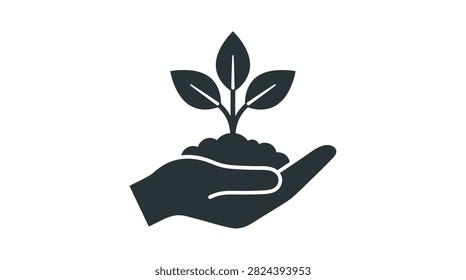 Human hand holding small green plant sprout for environmental protection icon
