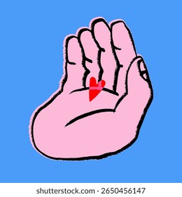 Human hand holding small heart. Tiny red heart lying in palm. Hand drawn modern Vector illustration. Isolated design element. Poster, print, sticker template. Care, support, love concept