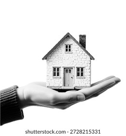 Mano humana sosteniendo un modelo de casa Pequeña. Ilustración de semitono monocromo mínimo que simboliza bienes raíces, propiedad, propiedad de la casa, hipoteca, inversión, seguridad y concepto de vivienda sobre fondo blanco.