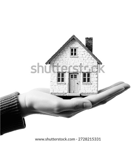 Human hand holding a small house model. Minimal monochrome halftone illustration symbolizing real estate, property, home ownership, mortgage, investment, security, and housing concept on white background.