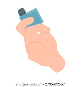 Human hand holding a small isolated vape device on white background for smoking concept vector illustration
