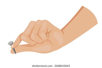 Human hand holding small nail between fingers on white background. Vector illustration