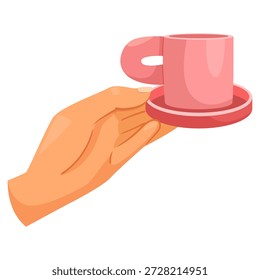 Human hand holding a small pink coffee cup with saucer, cartoon style, isolated on white background. Concept of serving or offering drink. Vector illustration
