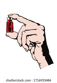 Human hand holding small red bottle  isolated on white background,vector illustration