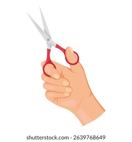 Human hand holding small red-handled scissors in upright position, flat graphic style on white background. Concept of cutting or crafting. Vector illustration