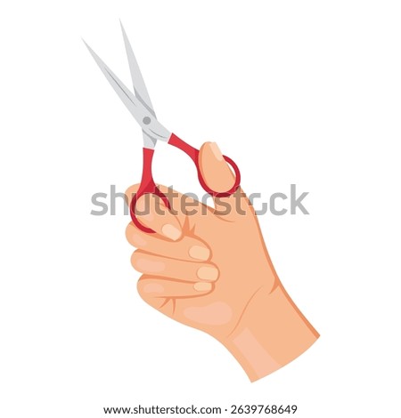 Human hand holding small red-handled scissors in upright position, flat graphic style on white background. Concept of cutting or crafting. Vector illustration