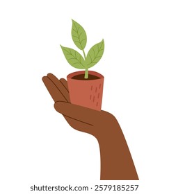 Human hand holding a small seedling in the pot. Concepts of ecology, spring, gardening, new life, business, sustainability, environmental care. Vector hand drawn clipart.