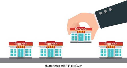 Human hand holding small store or franchise.Franchise business concept vector illustration.