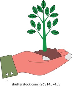 Human hand holding small tree for planting and Seedling in ground in palms with leaf growing in soil, eco environment care concept vector illustration 